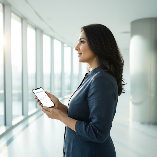 Confident, elegant woman in a modern clinical setting representing biological stability